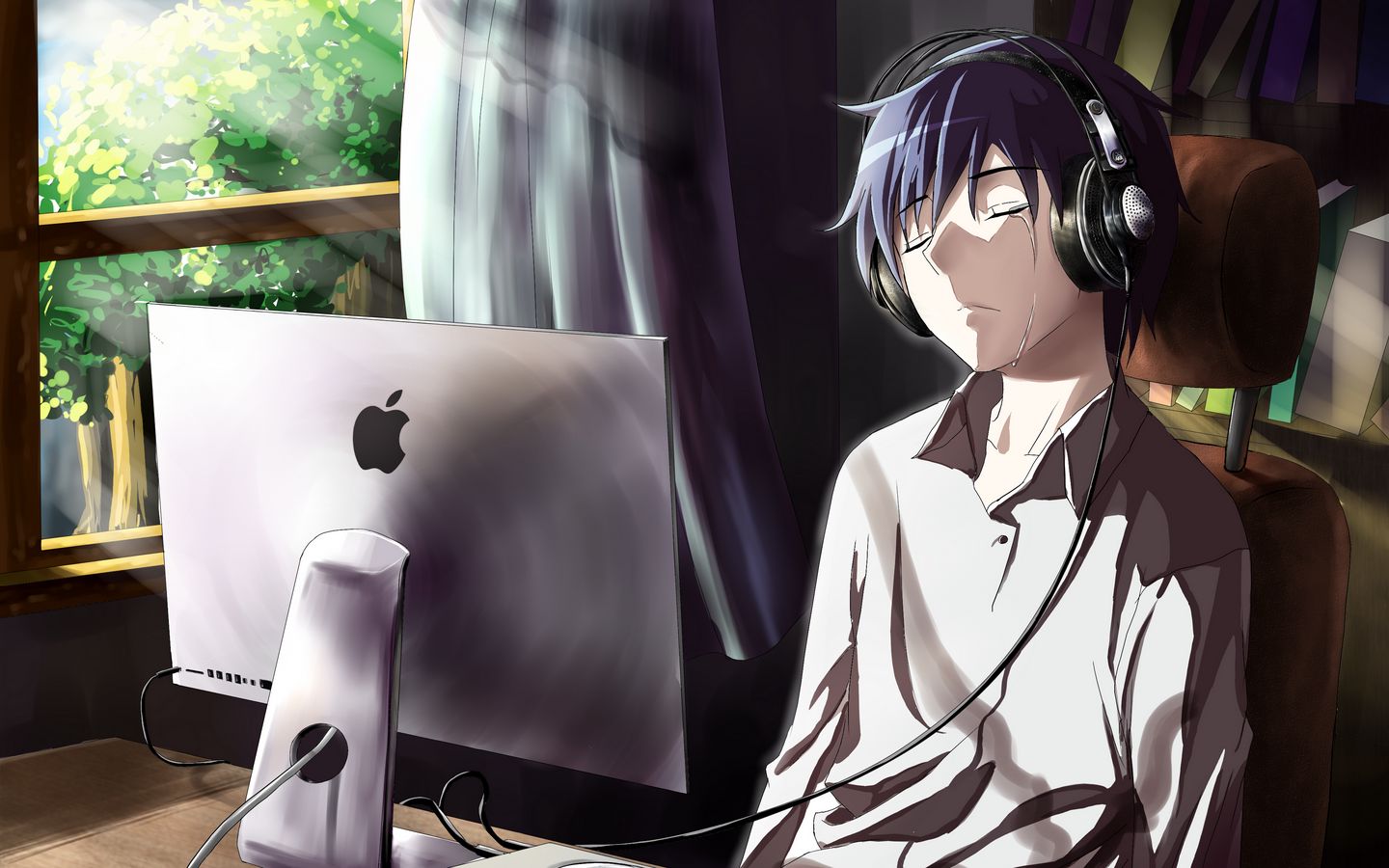 Download wallpaper 1440x900 guy, anime, computer, tears, sadness, room  widescreen 16:10 hd background