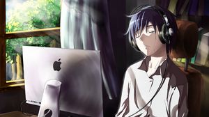 Preview wallpaper guy, anime, computer, tears, sadness, room