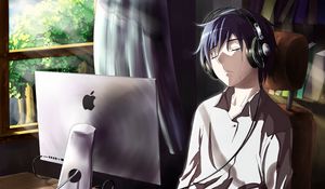 Preview wallpaper guy, anime, computer, tears, sadness, room