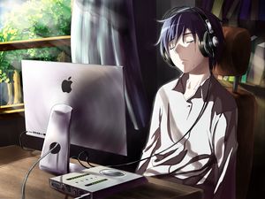 Preview wallpaper guy, anime, computer, tears, sadness, room