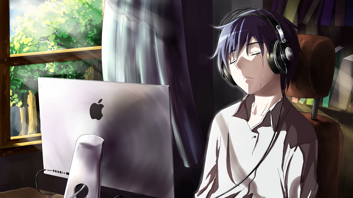 Download Wallpaper 1366x768 Guy Anime Computer Tears Sadness Room Tablet Laptop Hd Background