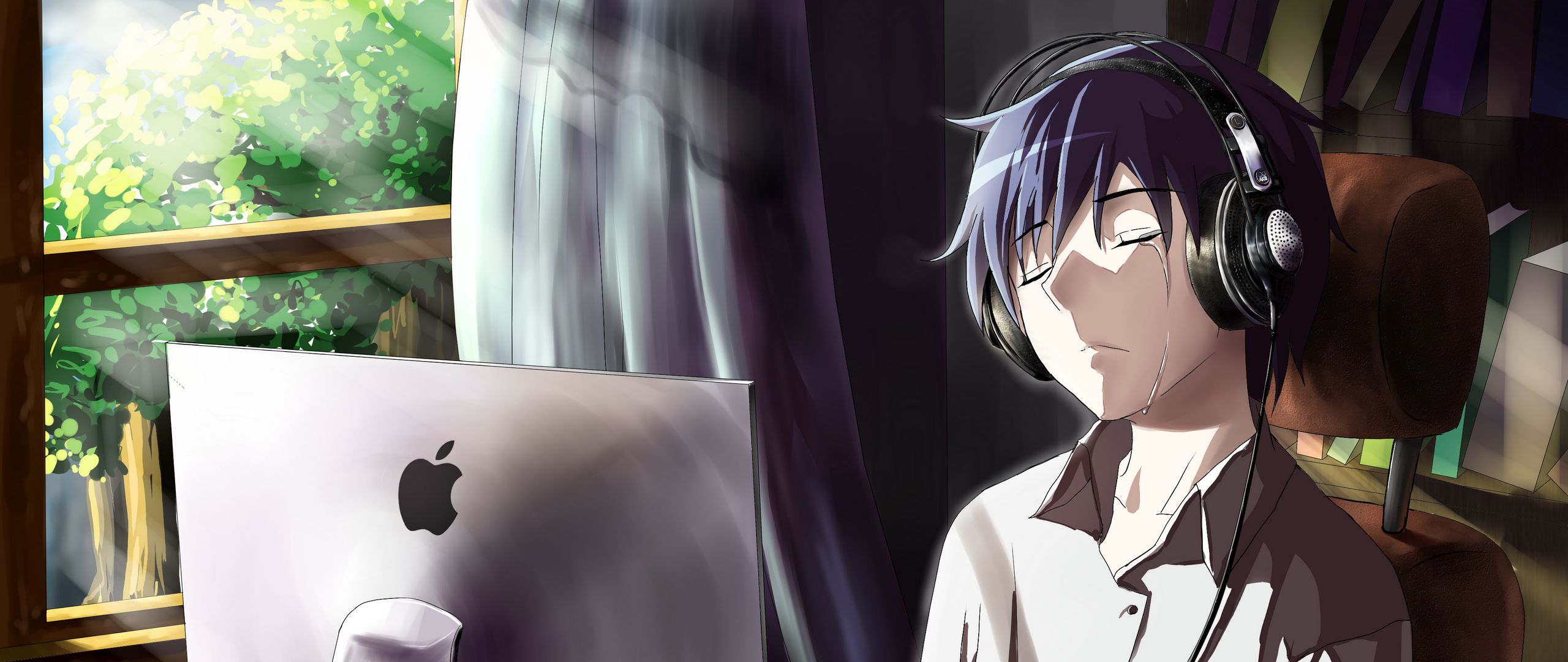 Download Wallpaper 2560x1080 Guy Anime Computer Tears Sadness Room Dual Wide 1080p Hd Background