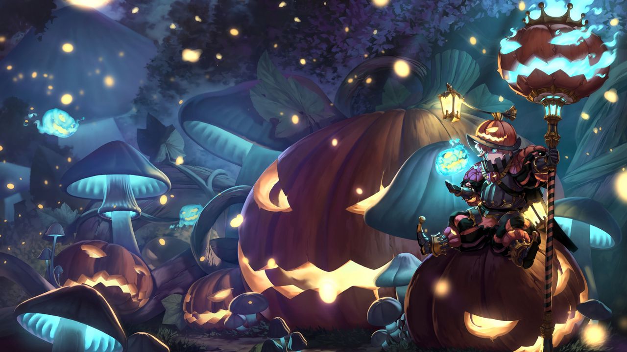 Wallpaper guy, armor, pumpkin, halloween, anime, art