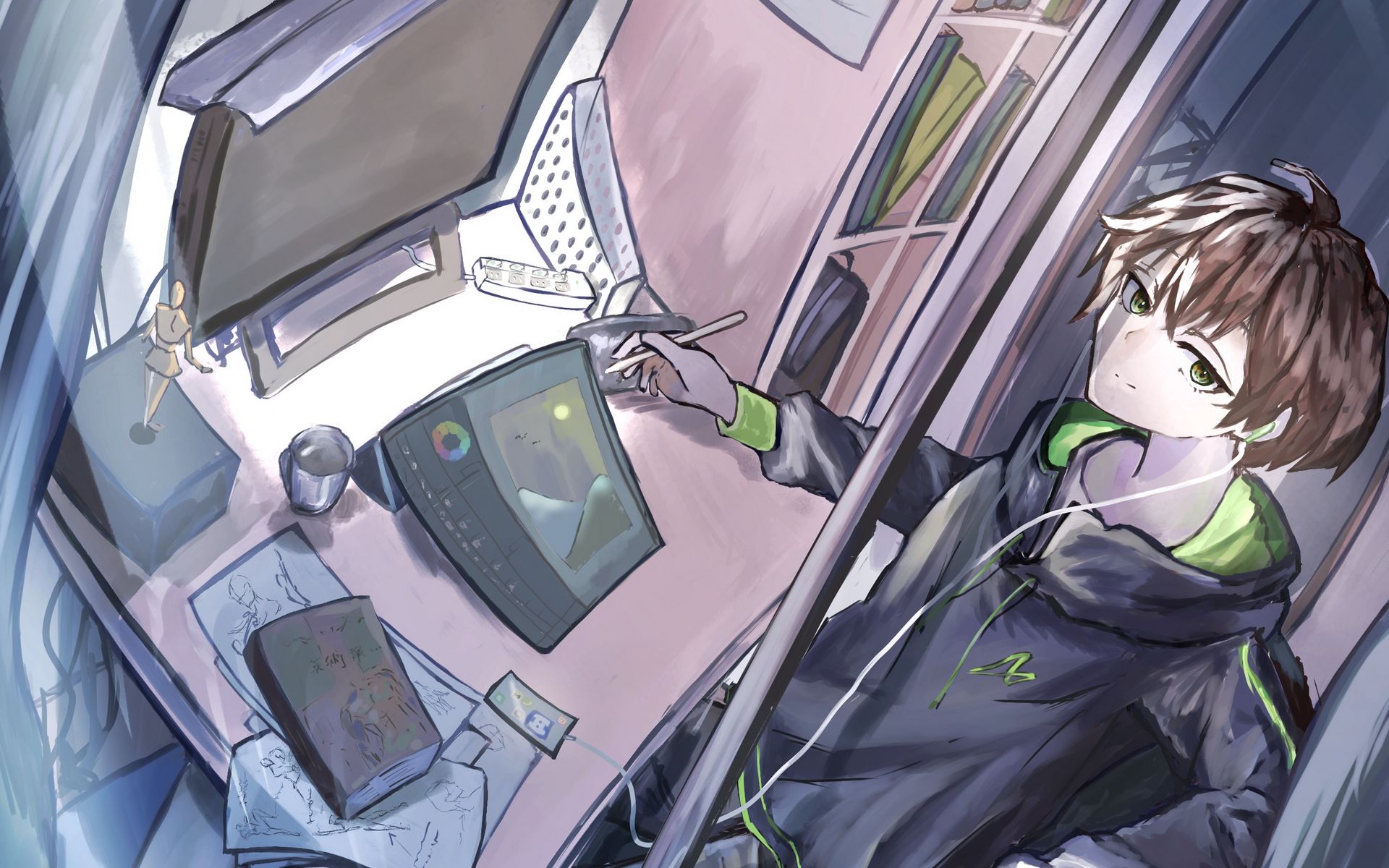 1920x1200 Wallpaper guy, artist, tablet, smile, anime