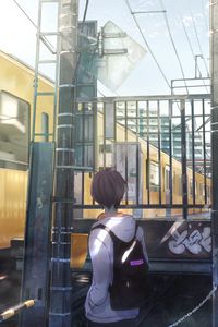 Preview wallpaper guy, backpack, railroad, train, anime