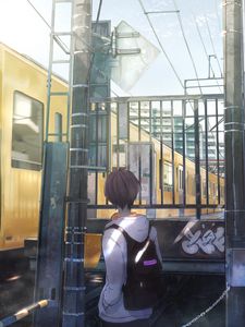 Preview wallpaper guy, backpack, railroad, train, anime