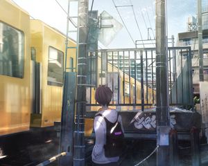 Preview wallpaper guy, backpack, railroad, train, anime