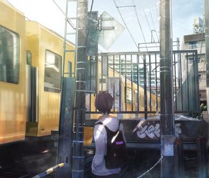 Preview wallpaper guy, backpack, railroad, train, anime