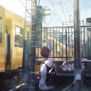 Preview wallpaper guy, backpack, railroad, train, anime