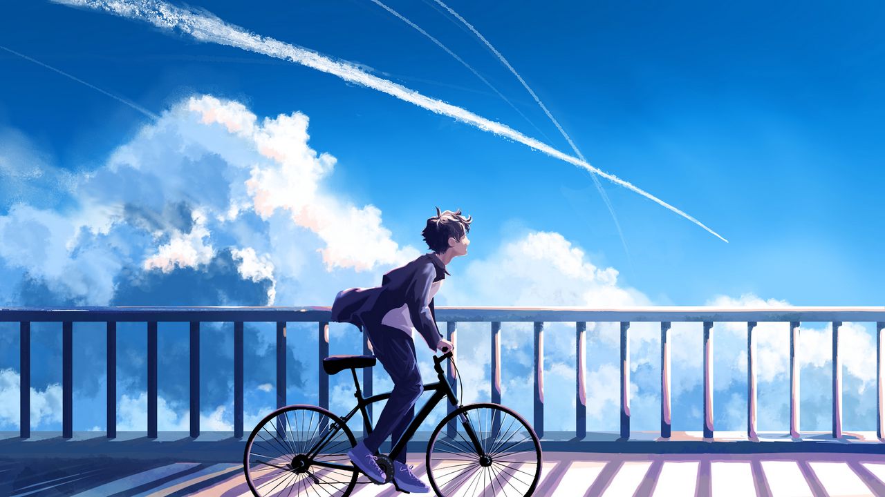 Wallpaper guy, bike, alone, clouds, anime