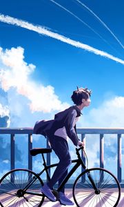 Preview wallpaper guy, bike, alone, clouds, anime