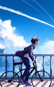 Preview wallpaper guy, bike, alone, clouds, anime