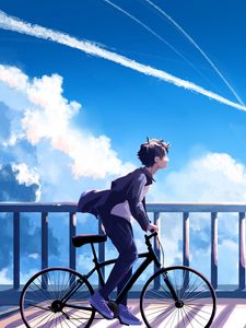 Preview wallpaper guy, bike, alone, clouds, anime