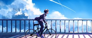 Preview wallpaper guy, bike, alone, clouds, anime