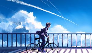 Preview wallpaper guy, bike, alone, clouds, anime