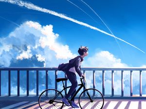 Preview wallpaper guy, bike, alone, clouds, anime