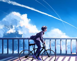 Preview wallpaper guy, bike, alone, clouds, anime