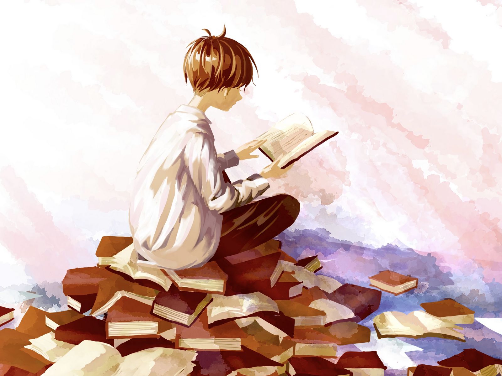 Download wallpaper 1600x1200 guy books reading anime art standard 43  hd background