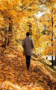 Preview wallpaper guy, coat, alone, park, trees, leaves, autumn