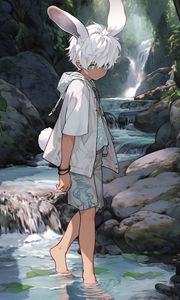Preview wallpaper guy, ears, shorts, stones, river, waterfall, art, anime
