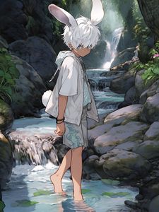 Preview wallpaper guy, ears, shorts, stones, river, waterfall, art, anime