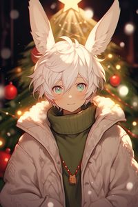 Preview wallpaper guy, ears, sweater, jacket, christmas tree, anime