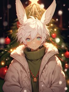 Preview wallpaper guy, ears, sweater, jacket, christmas tree, anime