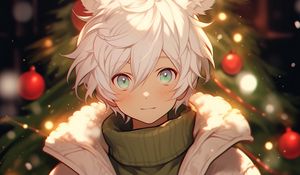 Preview wallpaper guy, ears, sweater, jacket, christmas tree, anime