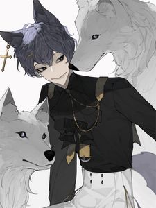 Preview wallpaper guy, ears, wolves, anime, art