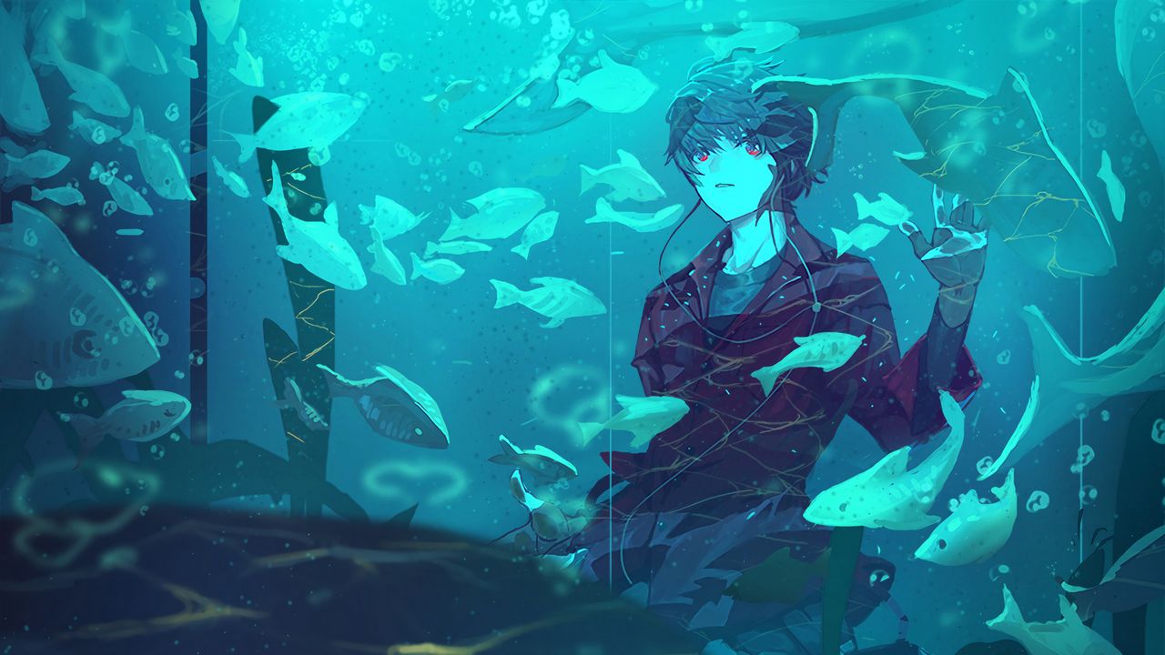 Wallpaper guy, fish, aquarium, anime, art, blue