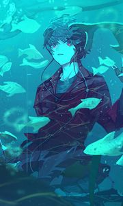 Preview wallpaper guy, fish, aquarium, anime, art, blue