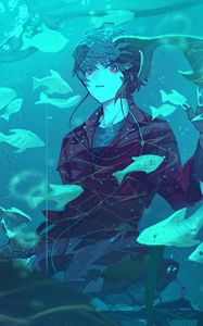 Preview wallpaper guy, fish, aquarium, anime, art, blue