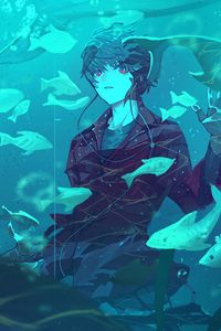 Preview wallpaper guy, fish, aquarium, anime, art, blue