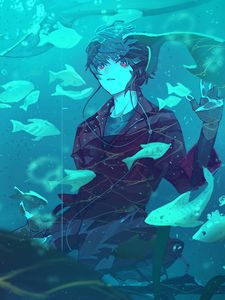 Preview wallpaper guy, fish, aquarium, anime, art, blue