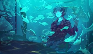 Preview wallpaper guy, fish, aquarium, anime, art, blue