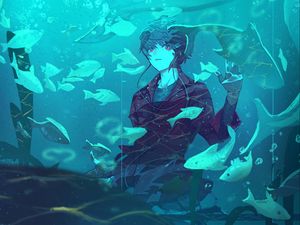 Preview wallpaper guy, fish, aquarium, anime, art, blue