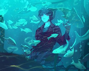 Preview wallpaper guy, fish, aquarium, anime, art, blue