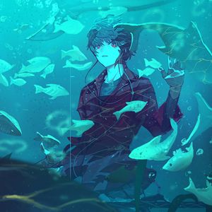 Preview wallpaper guy, fish, aquarium, anime, art, blue