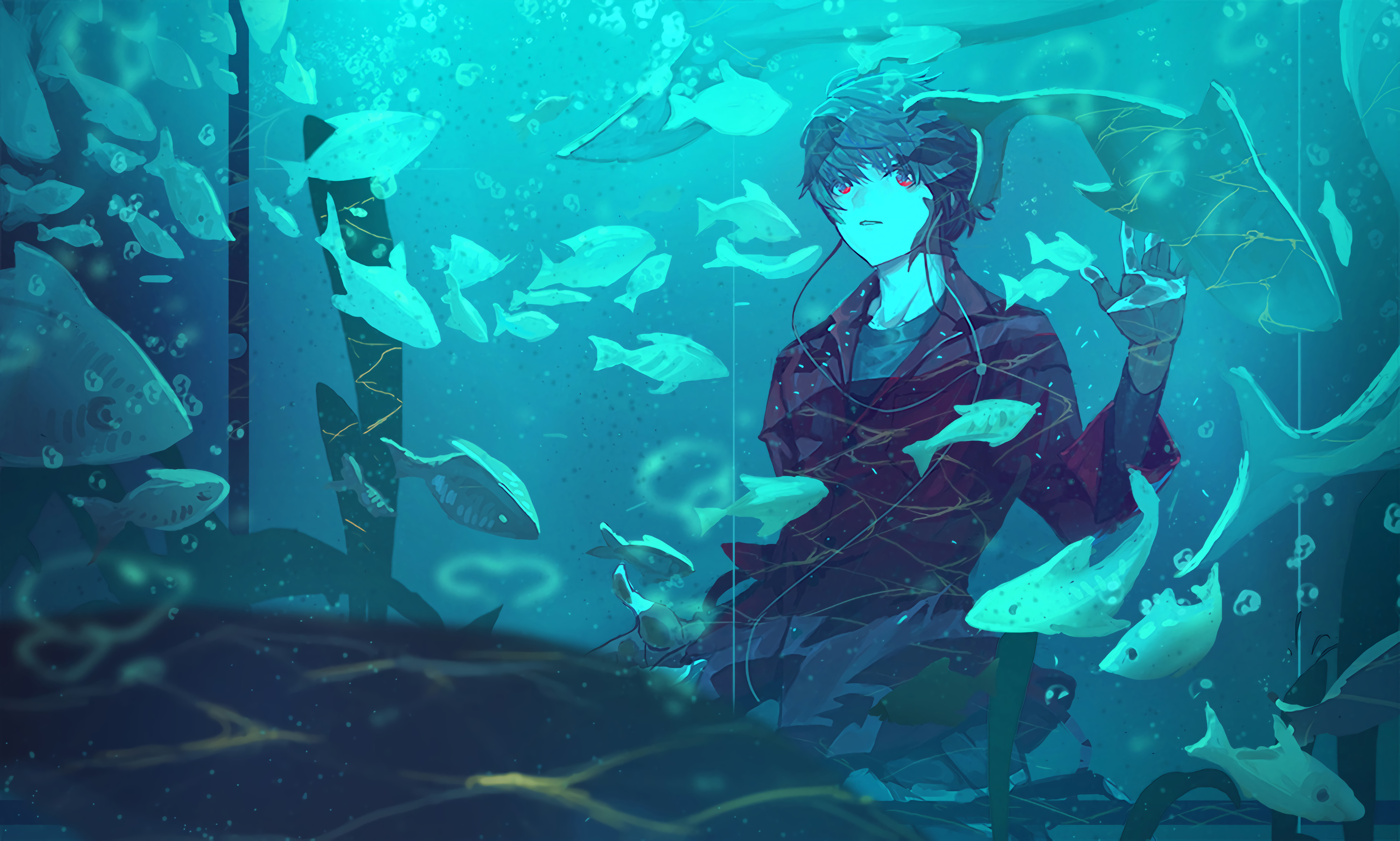 Anime Girl Sitting Near Aquarium Live Wallpaper - WallpaperWaifu