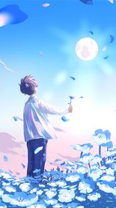 Preview wallpaper guy, flowers, field, anime, art, blue