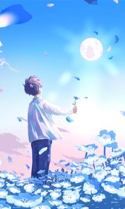 Preview wallpaper guy, flowers, field, anime, art, blue