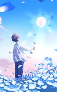 Preview wallpaper guy, flowers, field, anime, art, blue