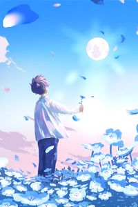 Preview wallpaper guy, flowers, field, anime, art, blue