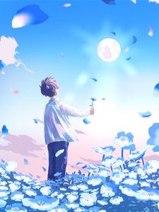 Preview wallpaper guy, flowers, field, anime, art, blue