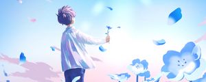 Preview wallpaper guy, flowers, field, anime, art, blue