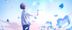 Preview wallpaper guy, flowers, field, anime, art, blue