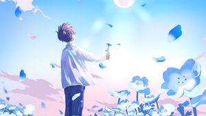 Preview wallpaper guy, flowers, field, anime, art, blue