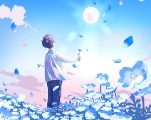 Preview wallpaper guy, flowers, field, anime, art, blue