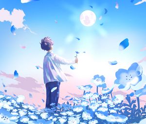 Preview wallpaper guy, flowers, field, anime, art, blue
