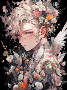 Preview wallpaper guy, flowers, wings, anime